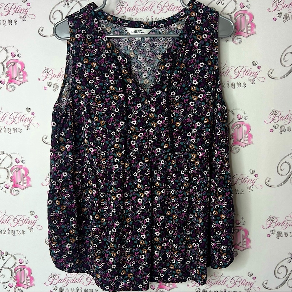 Northern Reflections tank top floral Black Ruffled Sleeveless Blouse